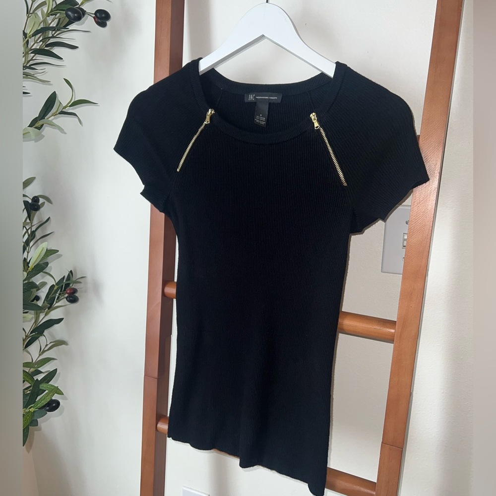 INC International Concepts Black Tee with Gold Zipper Details